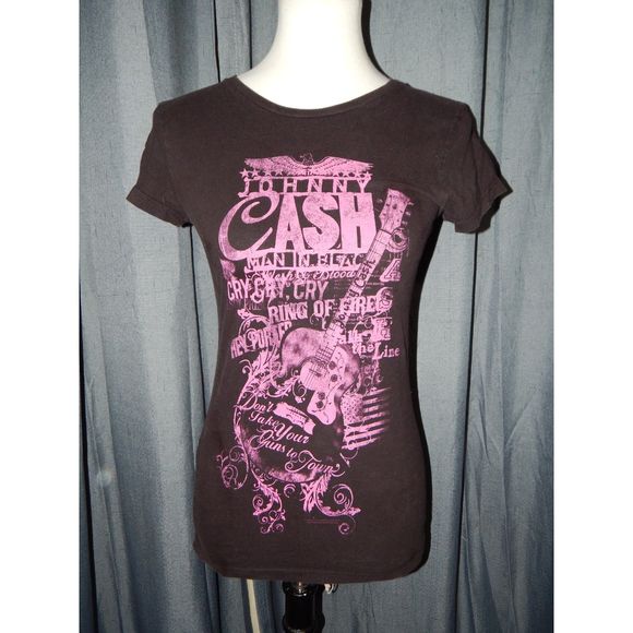 Vintage Size Medium Johnny Cash Babydoll Fit Tee Black & Hot Pink - Picture 2 of 4